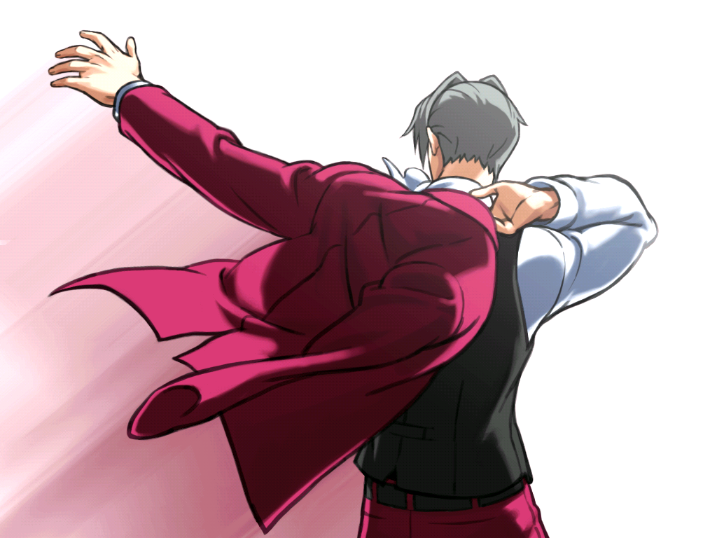 Screenshot of Miles Edgeworth putting on his jacket, from Ace Attorney Investigations 2